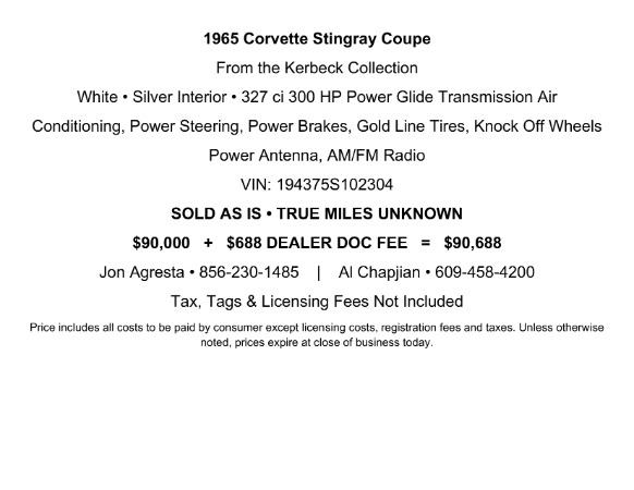 Used 1965 Chevy Corvette Stingray Coupe from the Kerbeck Collection for sale $90,000 at Bentley Palmyra N.J. in Palmyra NJ 08065 3